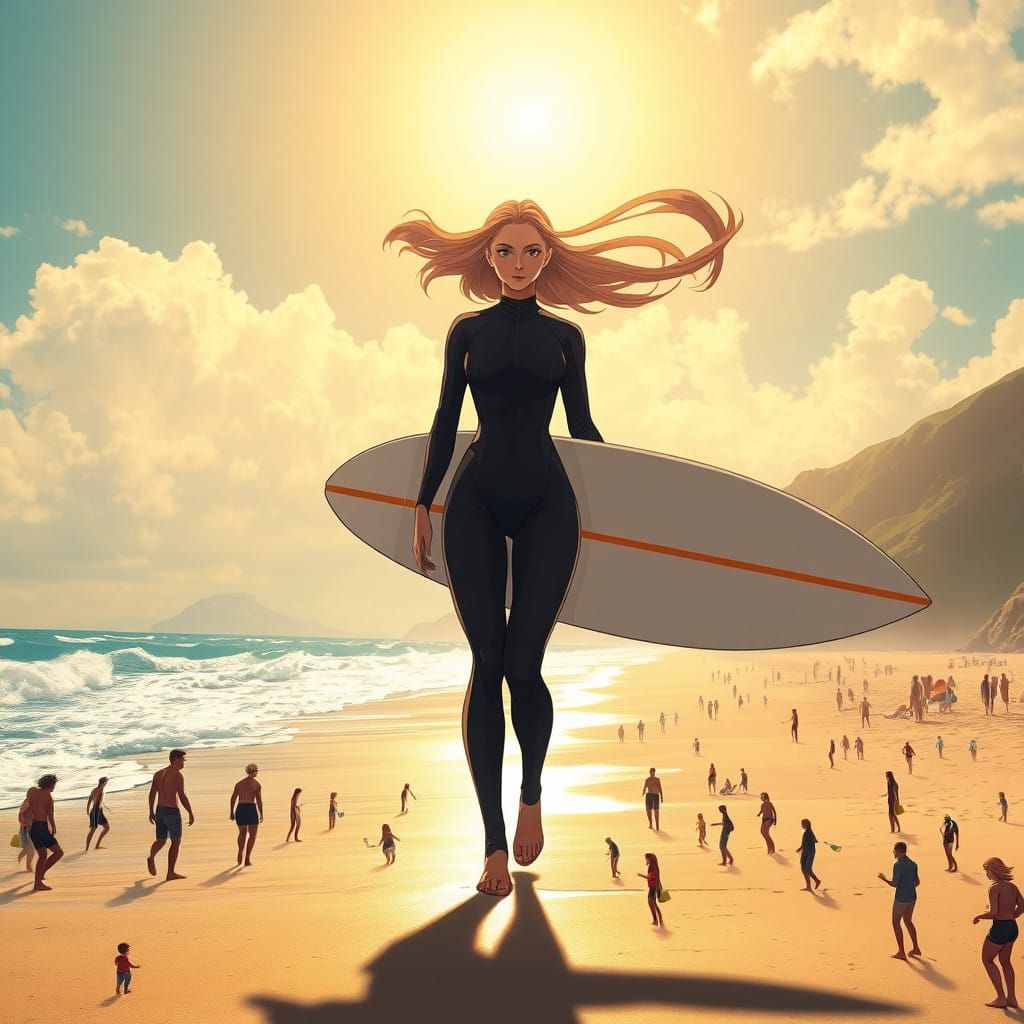 Giantess Surfer Towers Over Beachgoers in Vibrant Anime Styl...