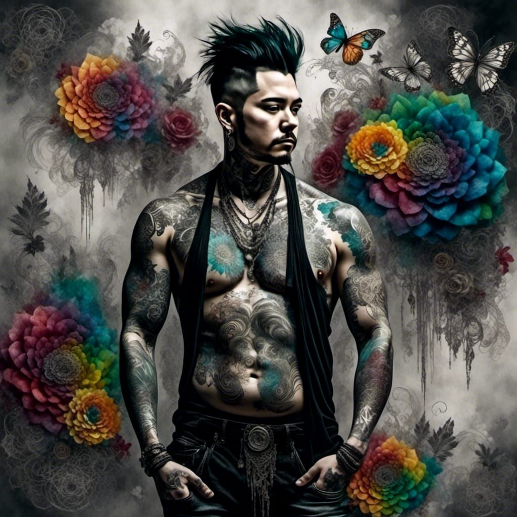 Curvy Man with Rainbow Flowers and Floral Tattoos