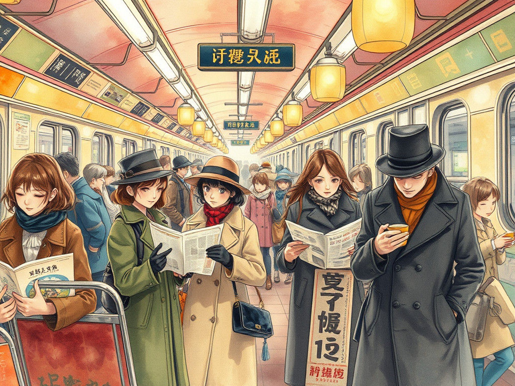 Vintage Manga Subway Scene in Watercolor