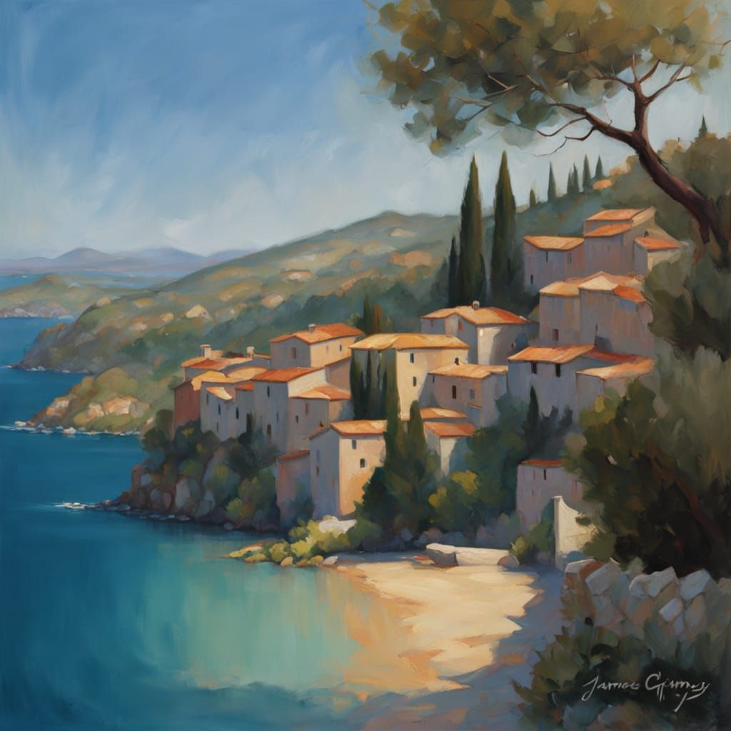 Sardinian Village Oil Painting at Golden Hour