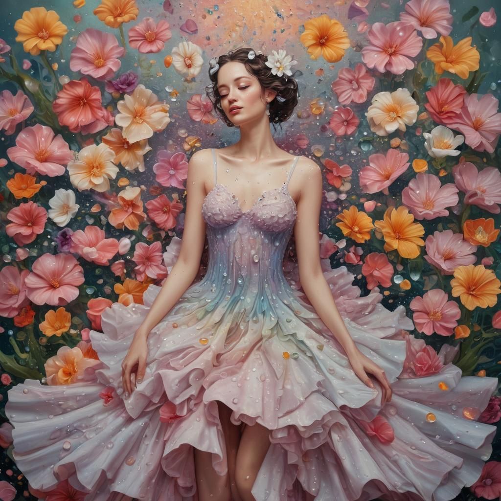 Dewdrop Caricature in a Surreal Flower Garden