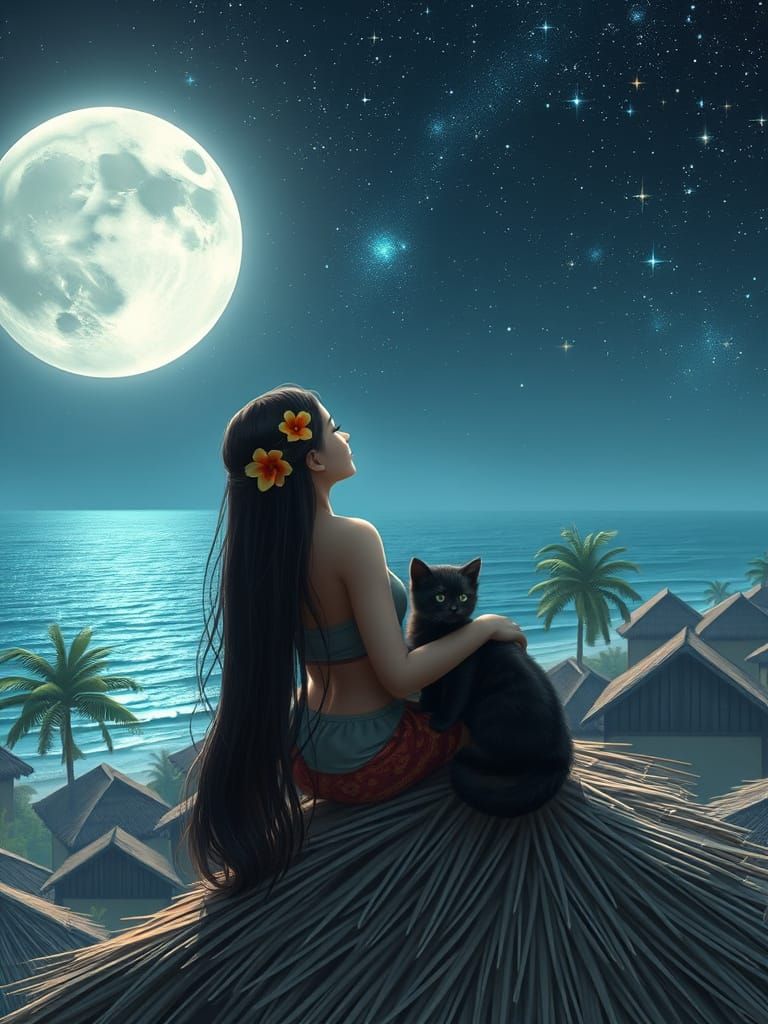 Serene Samoan Girl on Traditional Fale Roof