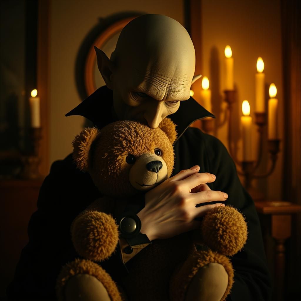 Nosferatu Embraces Teddy Bear in Fauvist Style