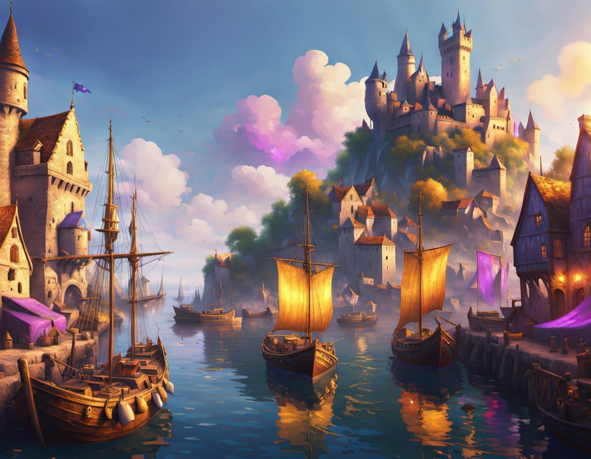 Bustling Medieval Harbor Town: Fantasy Concept Art