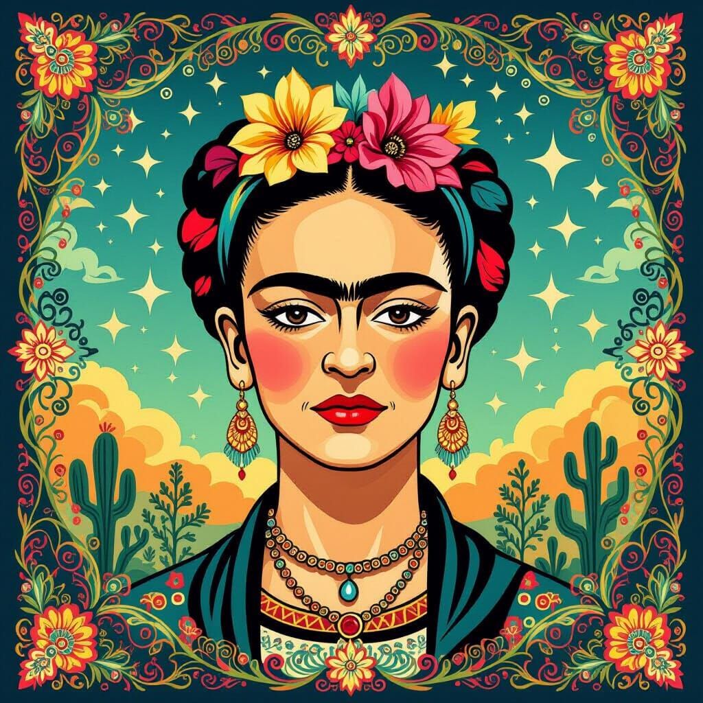 Ethereal Mexican Cartoon Pattern Frames Frida Kahlo's Face