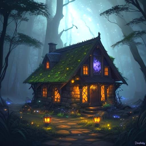 Magical Witch's Hut in Forest, Matte Painting Style