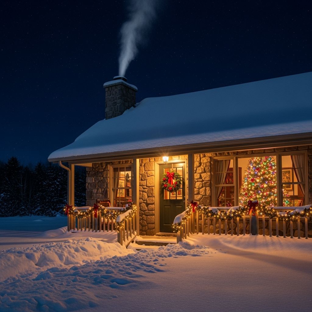Winter Cottage Scene with Christmas Lights