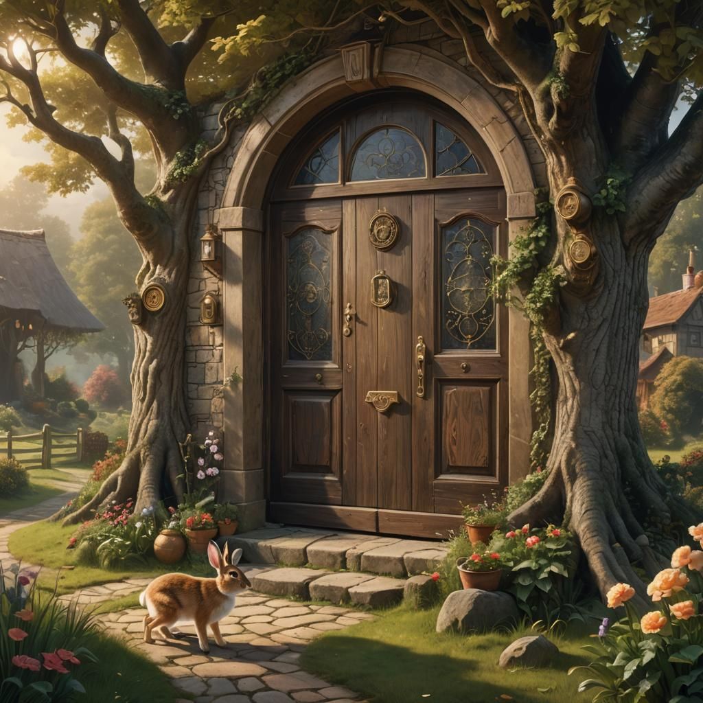 Country House with Fawn and Rabbit, Digital Matte Painting