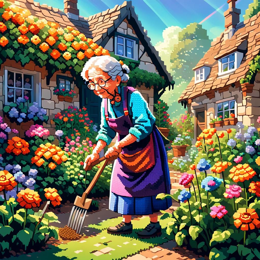 Pixel Art: Lady Gardening in Cottage Garden
