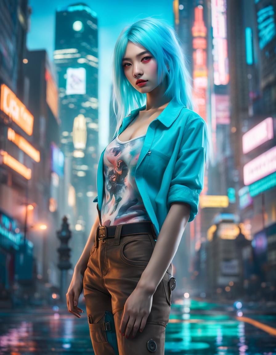 Kitsune Painter Girl in a Futuristic Cityscape