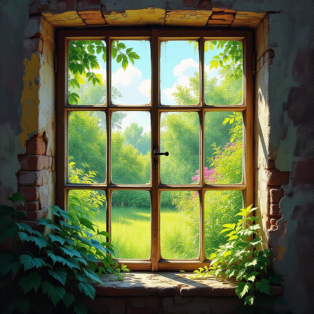 Yellow Window View of Vibrant Garden in Mixed Media Style