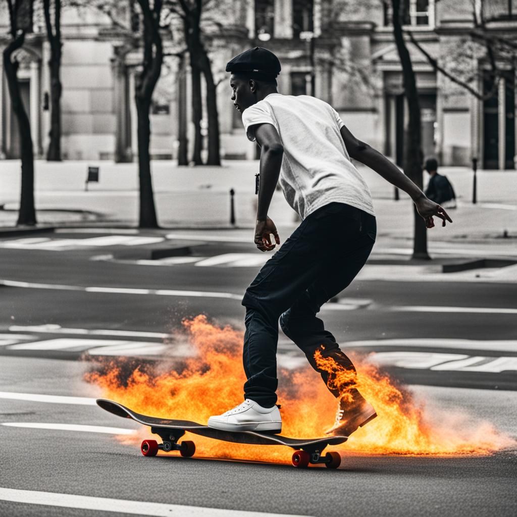Skateboarder Rides Through Burning Avenue