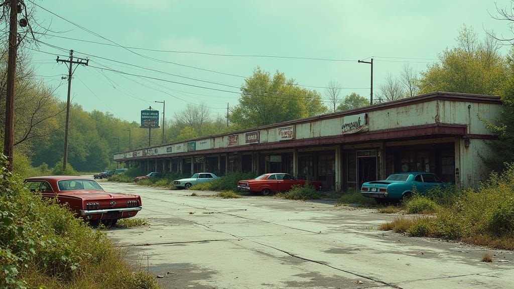 Abandoned Strip Mall in a Post-Apocalyptic Landscape