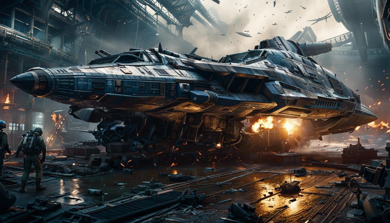Military Spaceship Crash in Sci-Fi Splash Art
