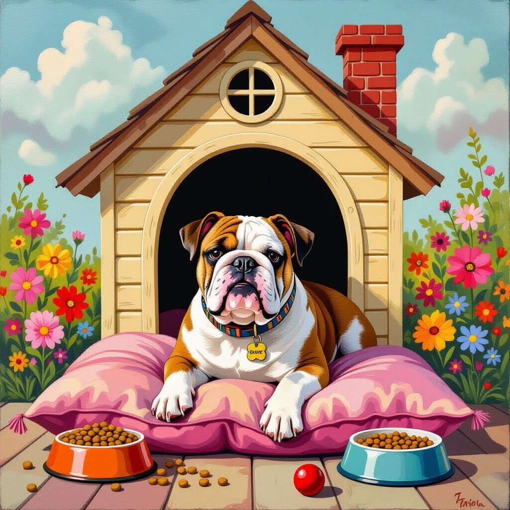 Bulldog in Whimsical Doghouse, Impasto Painting