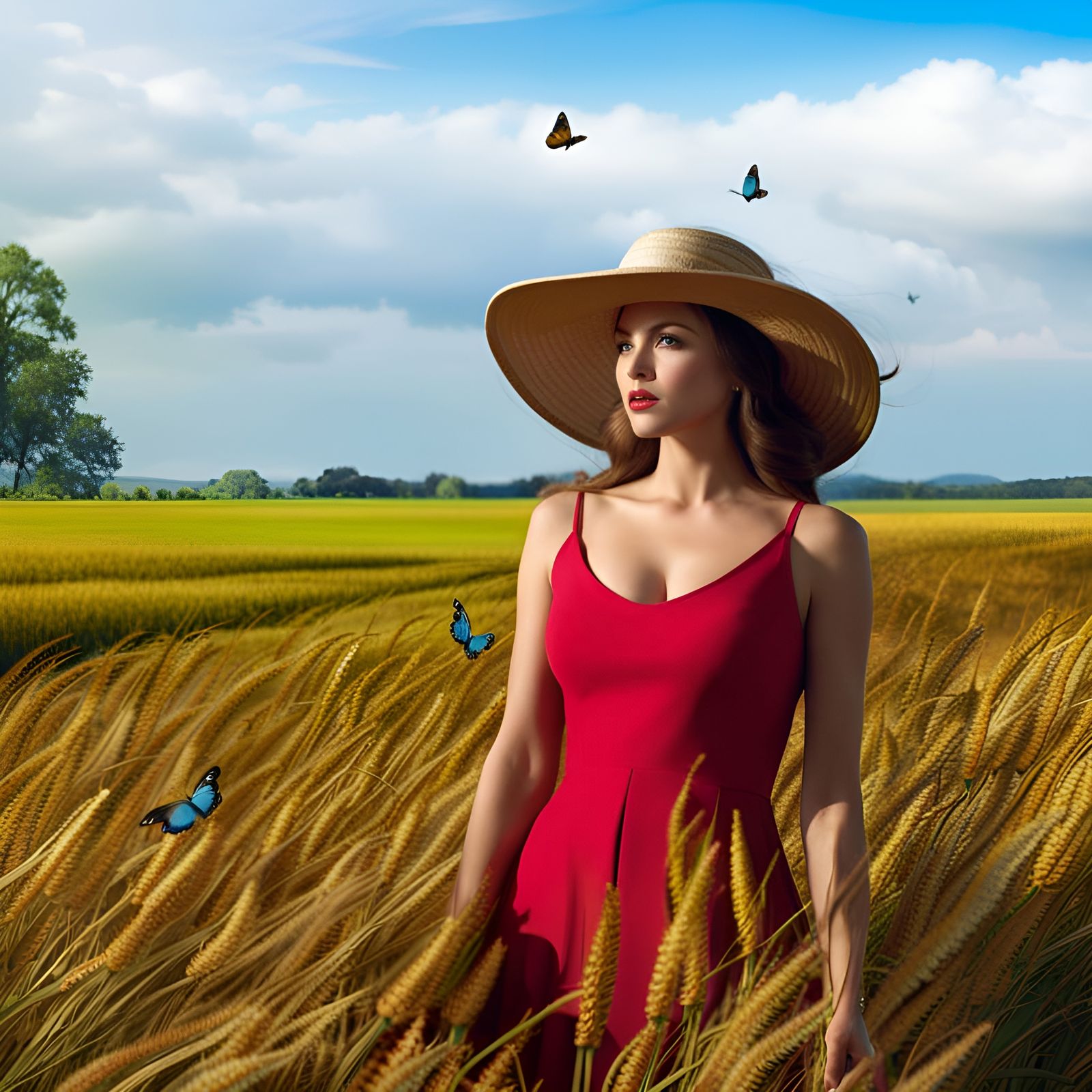 Belle on Farm with Butterflies: Hyperrealistic Matte Art