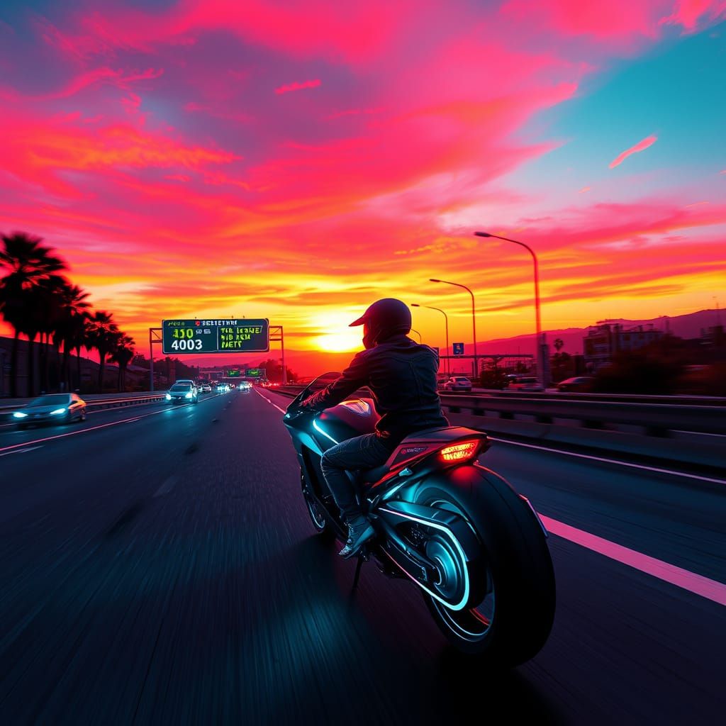 Cyberpunk Motorbike on Freeway at Sunset in Synthwave Style