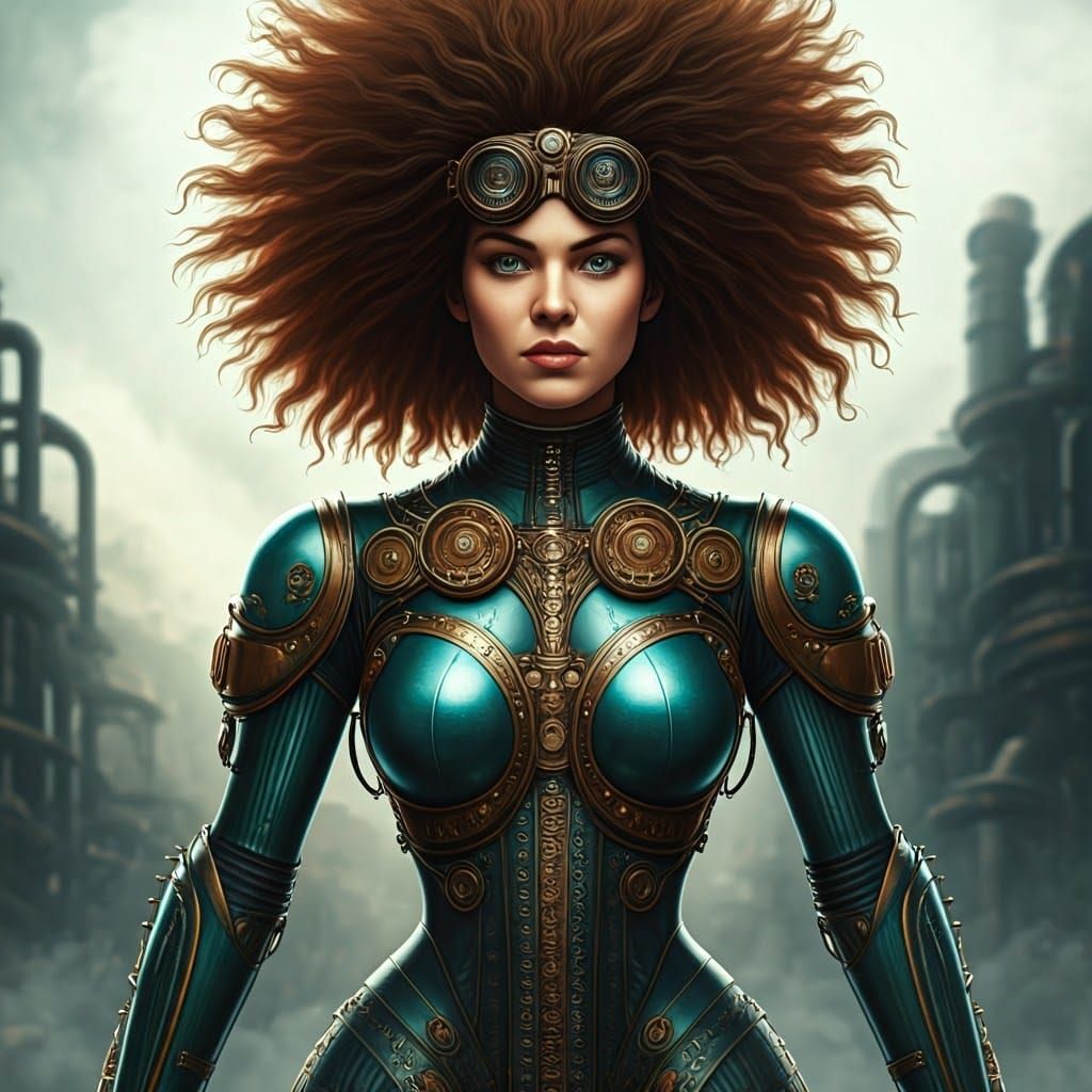 Steampunk Superheroine in Gears and Copper Filigree PVC Suit