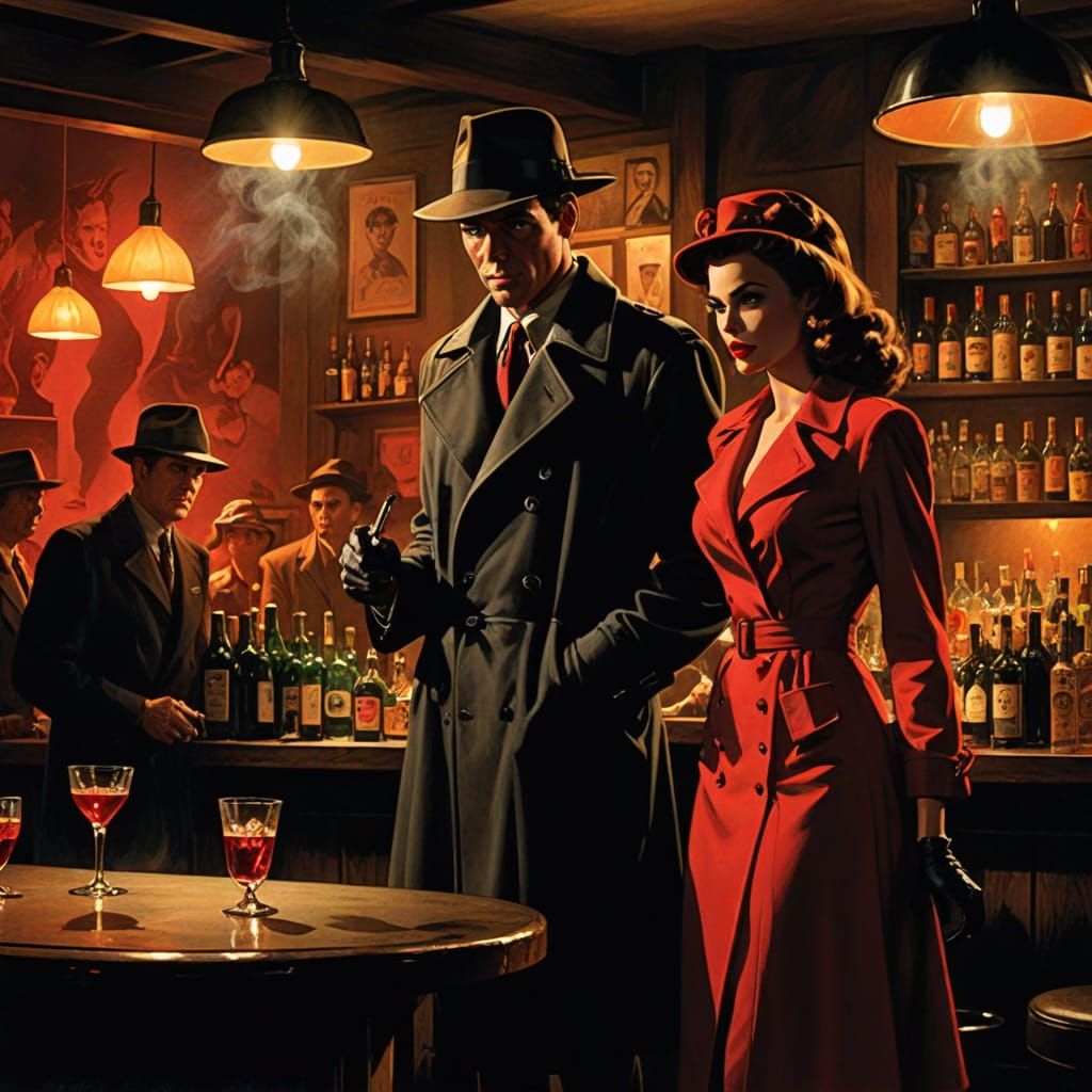 Noir Scene: Man, Woman, and Shadows in Bar