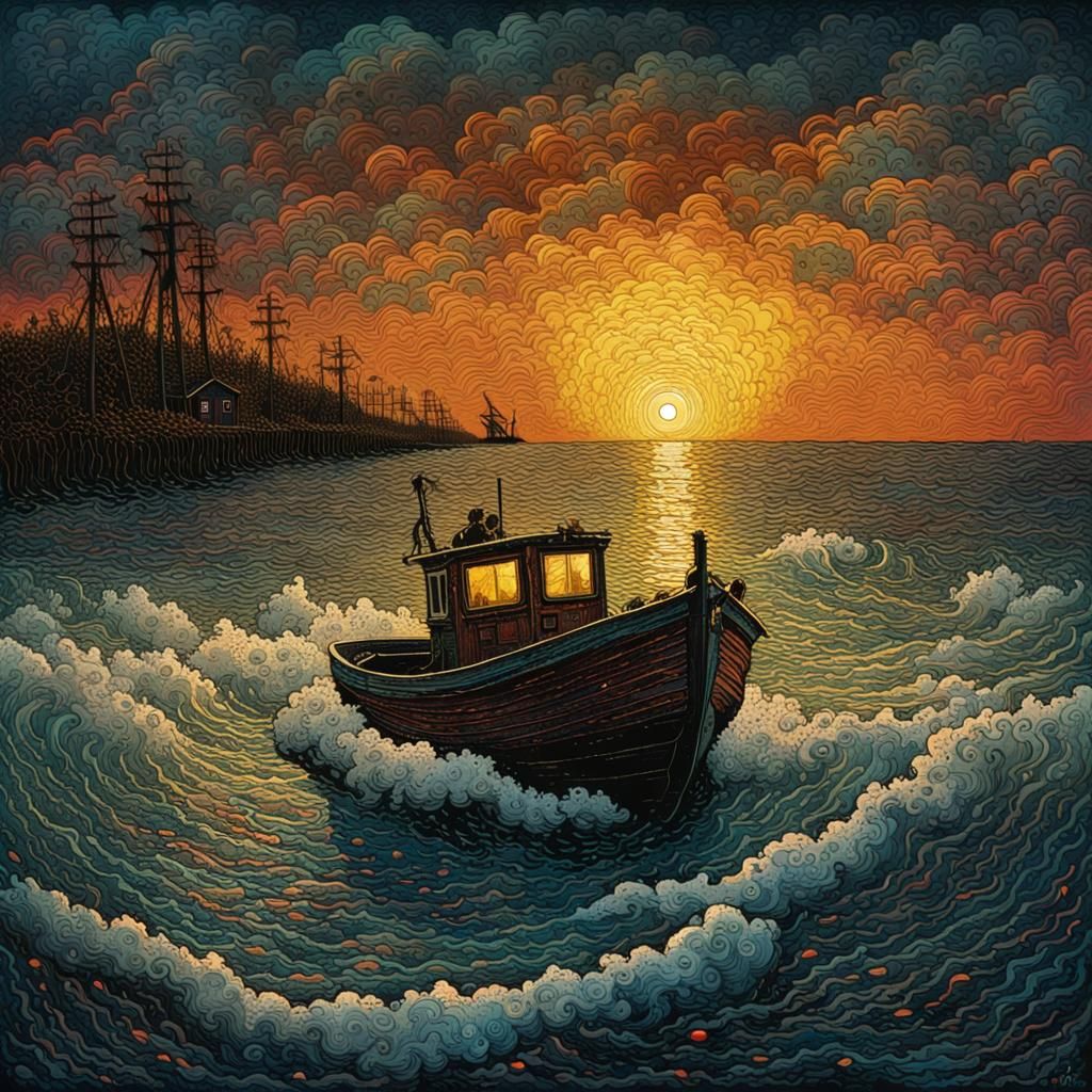 Stormy Night Seascape in Mixed Media Style