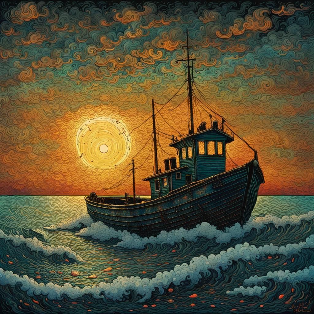 Stormy Sea Fishing Boat, Mixed Media Style