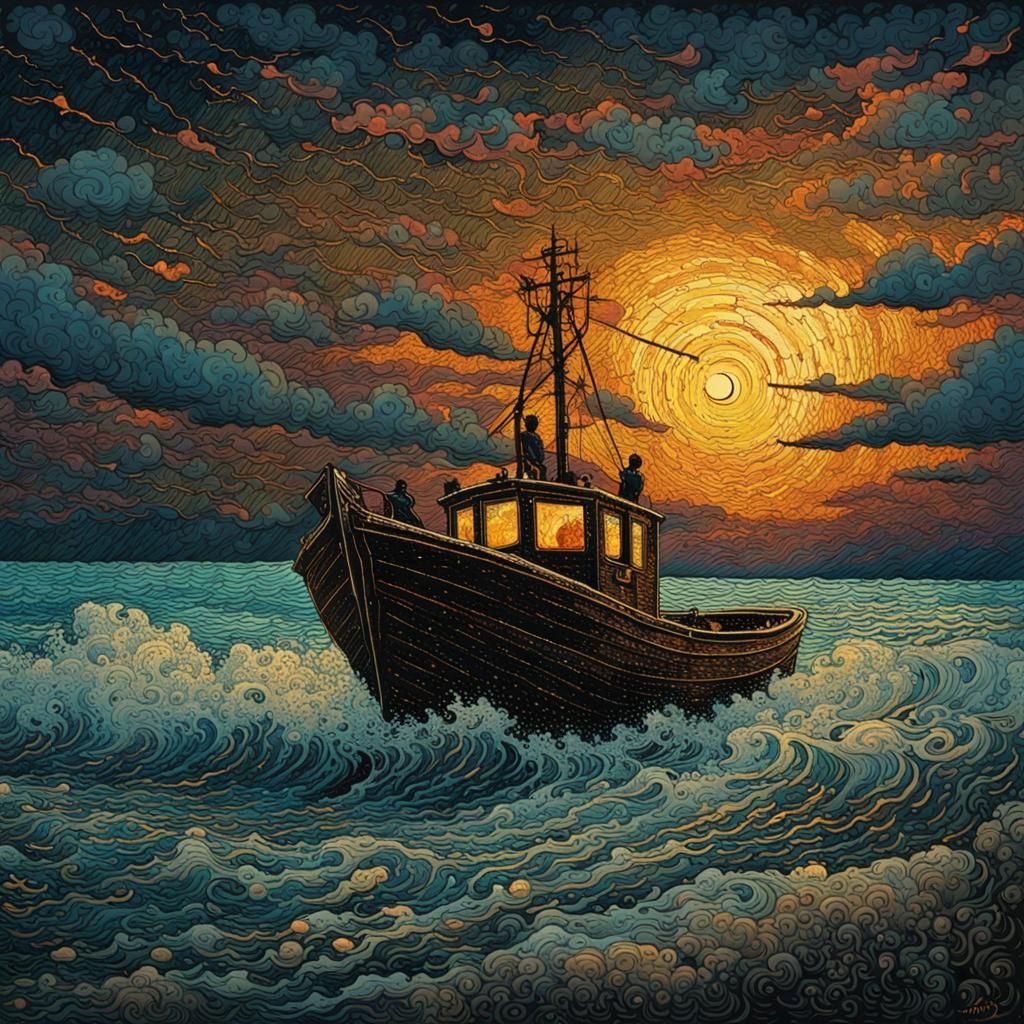 Stormy Night Fishing Boat in Mixed Media Style