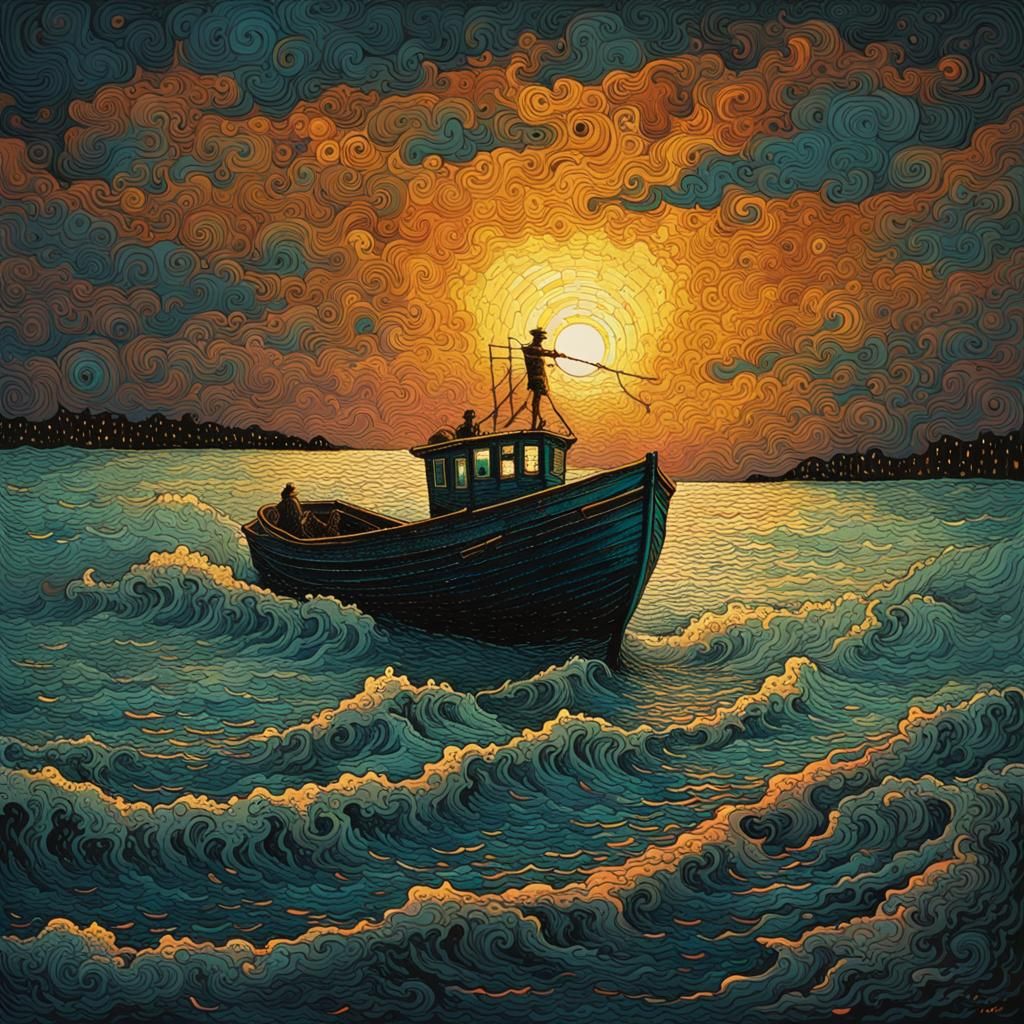 Stormy Sea Fishing Boat in Mixed Media Style