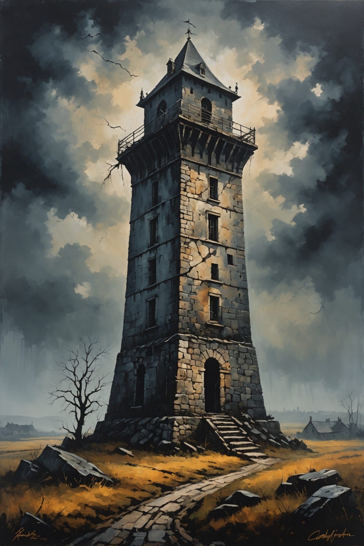 Historic Watchtowers in Dark Fantasy Landscape