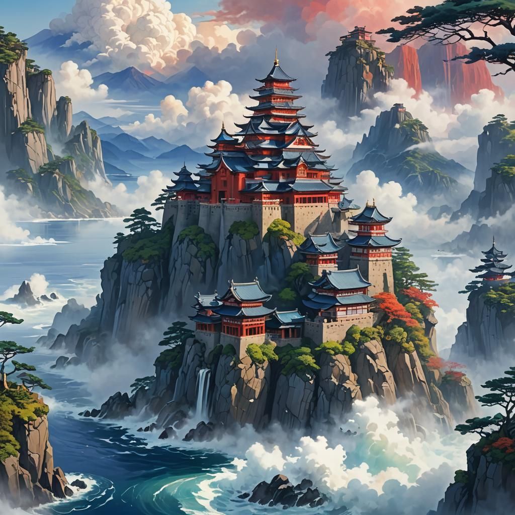 Japanese Castle Concept Art in Morning Mist