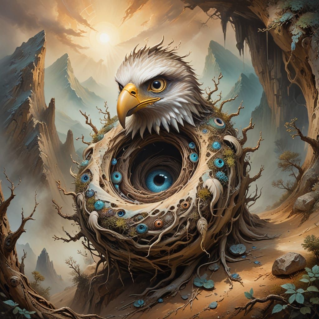 Surreal Whimsical Painting of Vortex Mountain Nest
