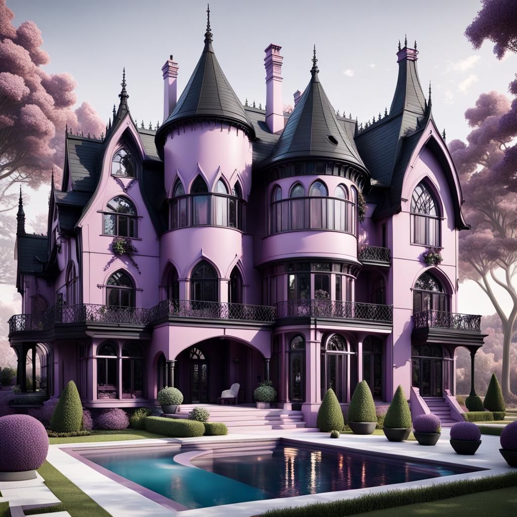 Surreal Gothic Mansion with Pool in Abstract Style