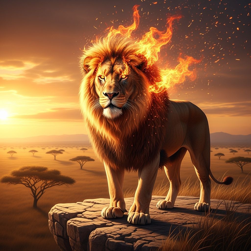 Lion with Flaming Mane Overlooking Savanna