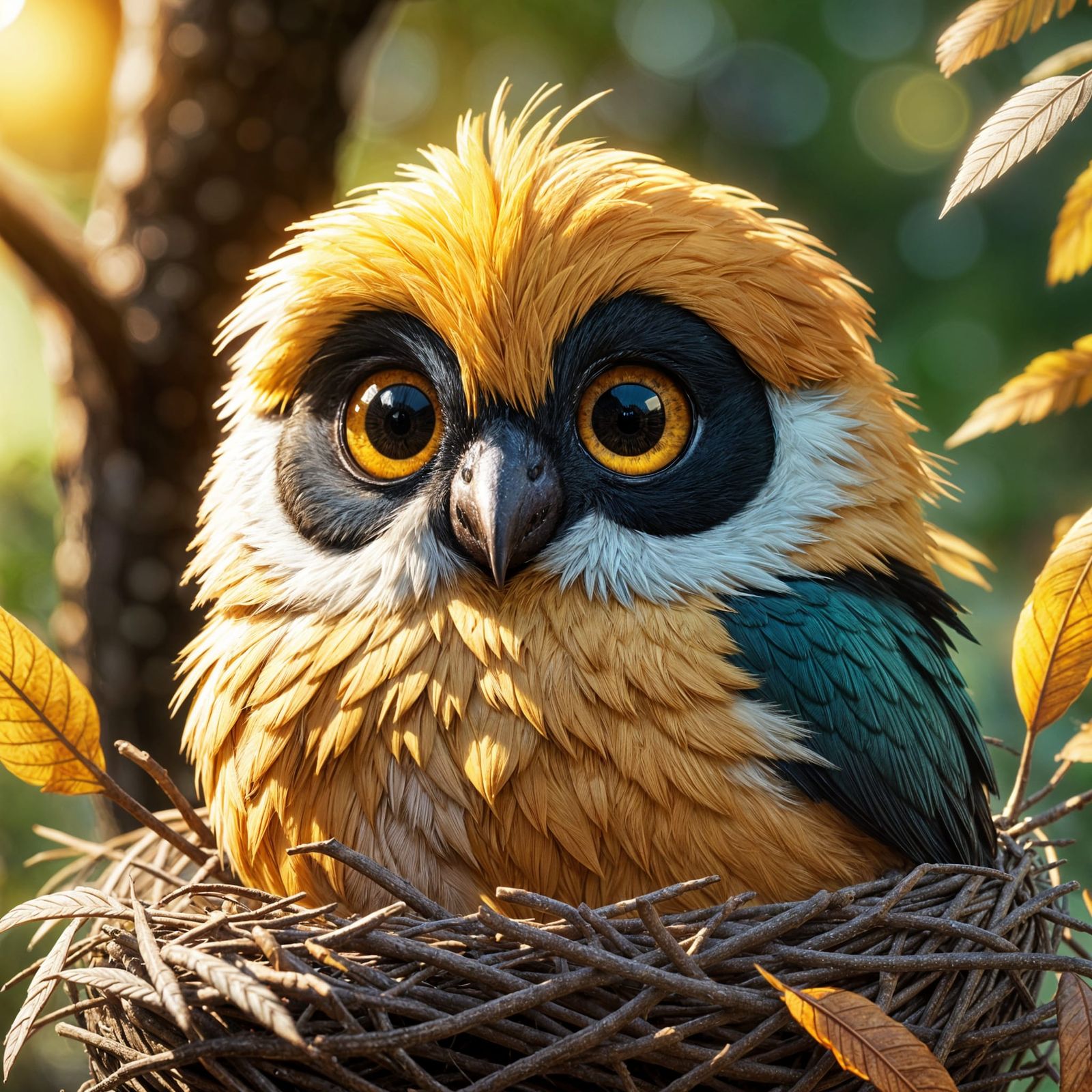 Adorable Bird with Big Eyes in Detailed Nest