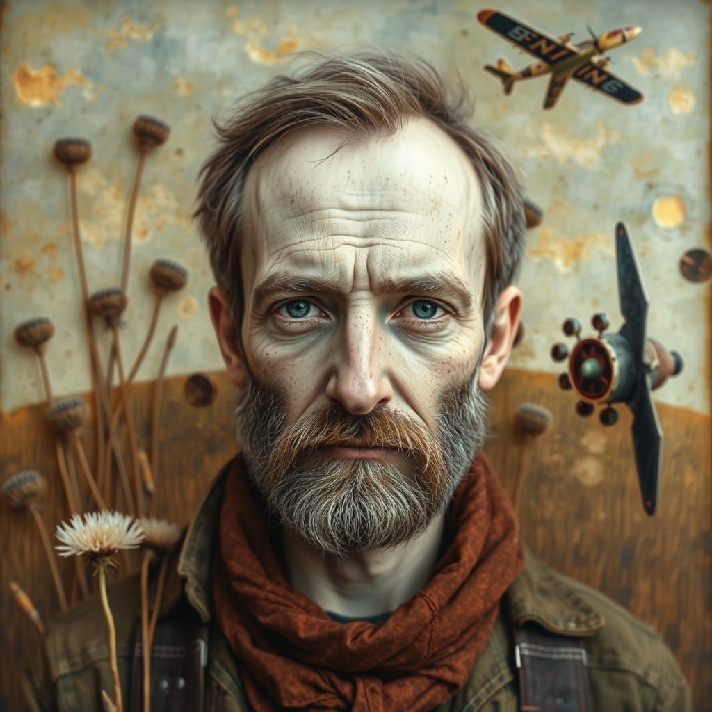 Surreal Whimsical Portrait of a Wanderer in a Vintage Airpla...