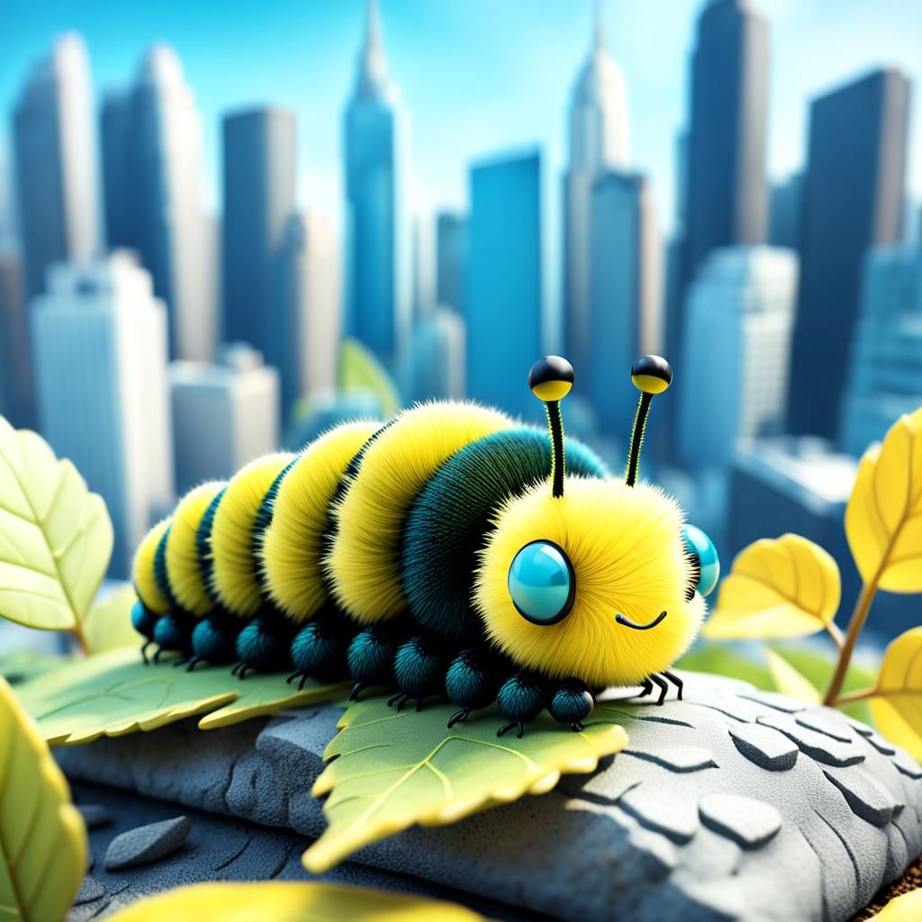 Cartoon Caterpillar with Glasses on Blue Leaf