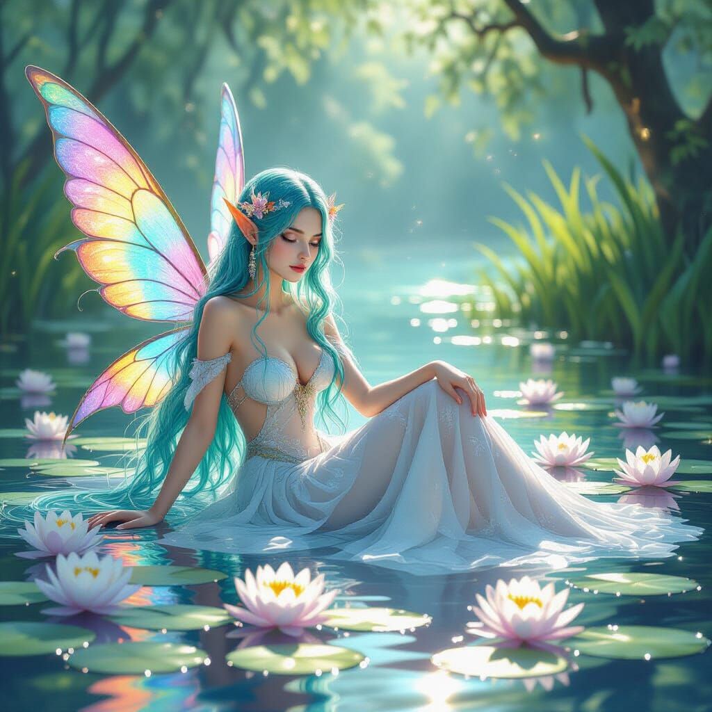 Water Fairy in Pond: Watercolor Art Nouveau Style