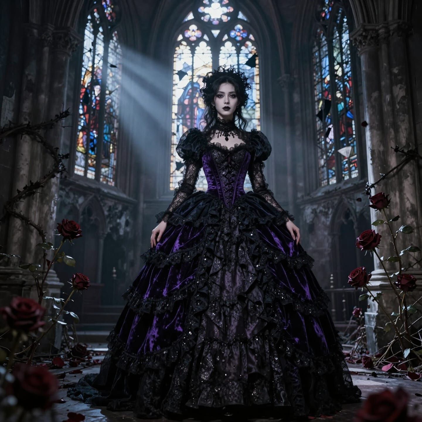 Cinematic Portrait of Romantic Goth Muse in Gothic Cathedral