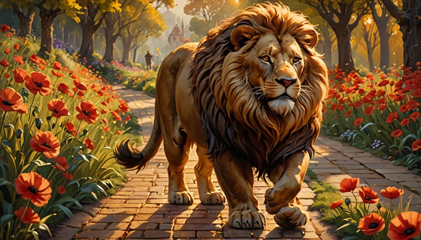 Happy Lion on Gold Path, Oil Painting