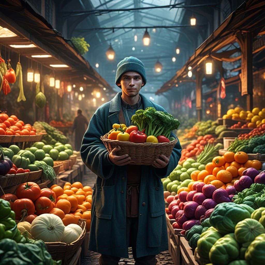 Vibrant Fantasy Market Scene with Vegetable