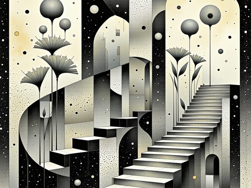 Escher-Inspired Staircase with Pop Art Masks and Poppies in ...