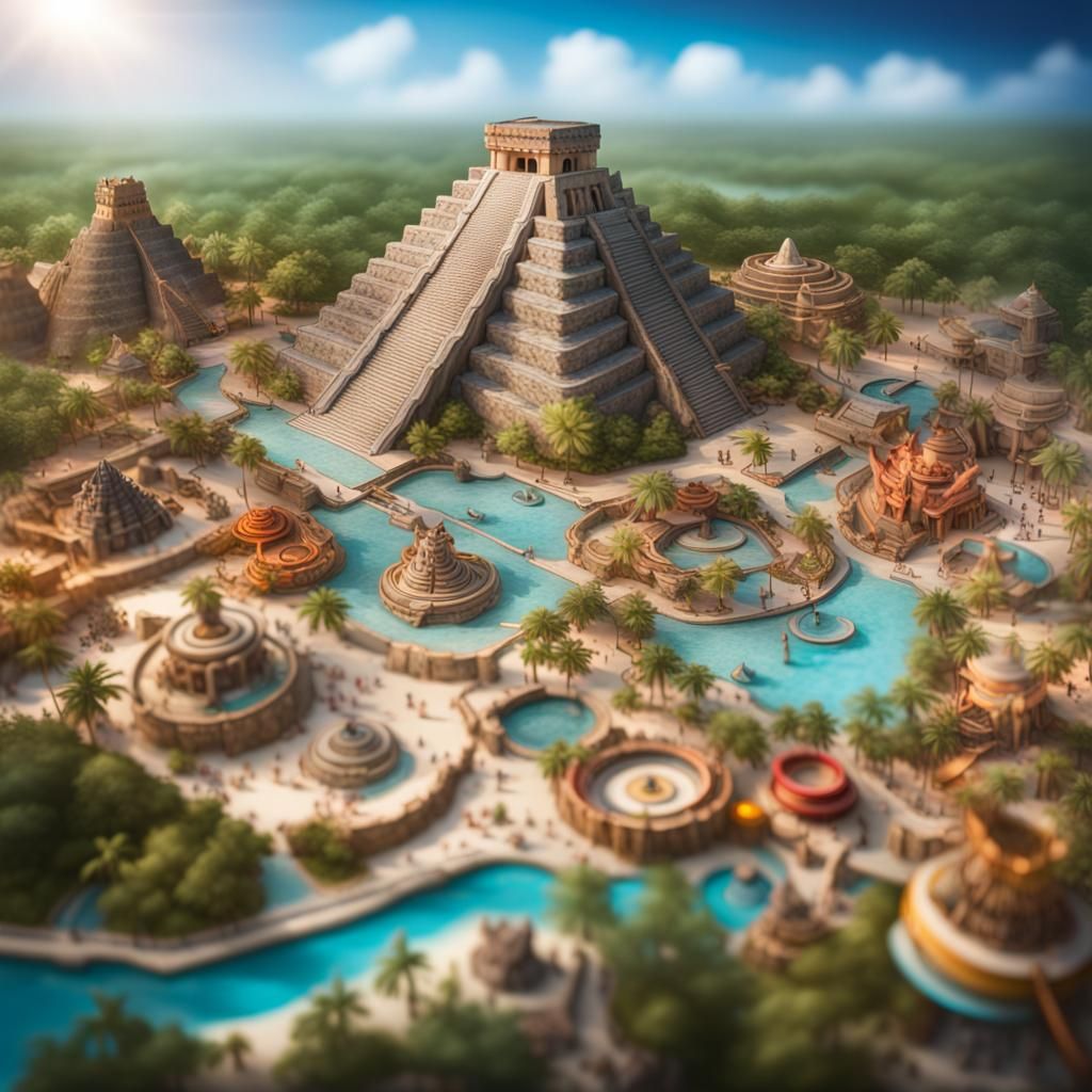 Mayan Theme Park Map in Professional Photography Style