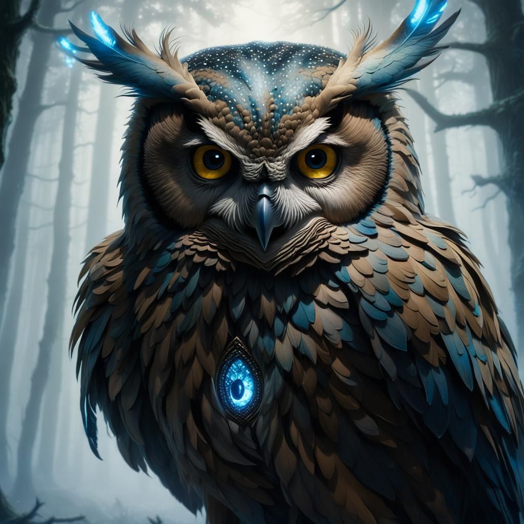 Ethereal Owl with Piercing Light in Eerie Forest