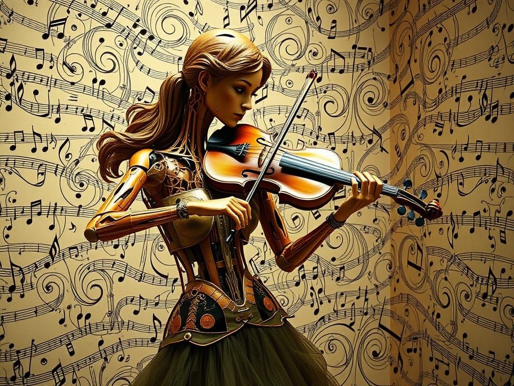 Musical Goddess of Violin Strings in Dreamlike Atmosphere