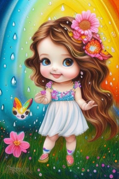 Adorable Chibi Bunny in Rainy Flower Field