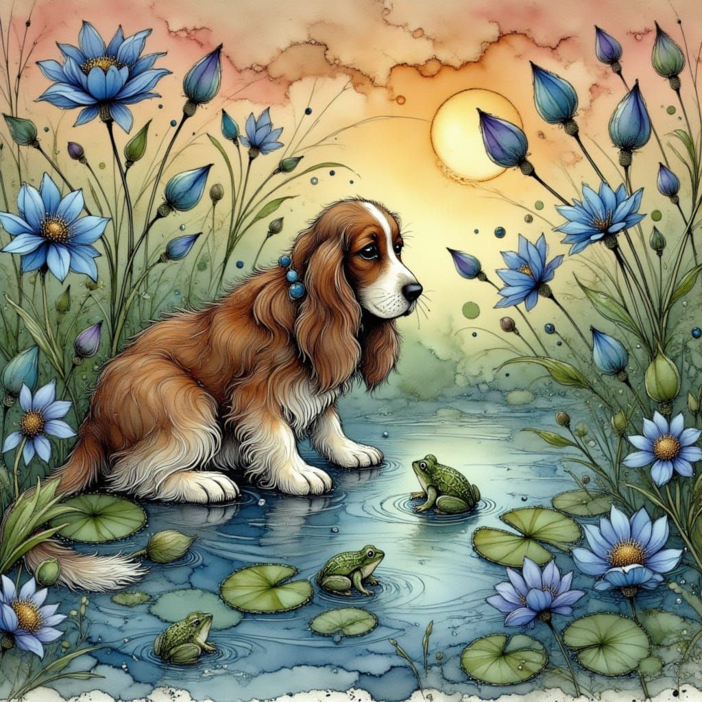 Basset Hound Sniffs Frog Amidst Blue Water Lilies