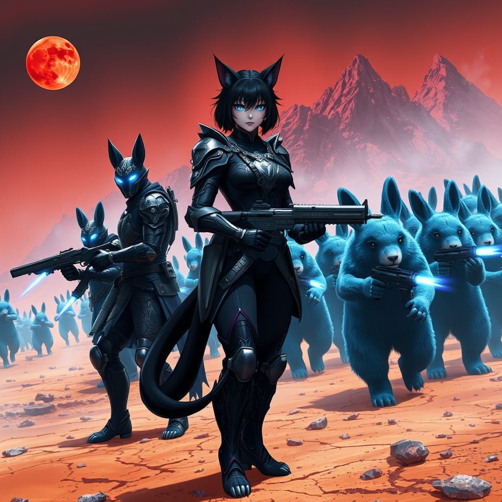 Fierce Demon Cat Leader in Cyberpunk Battle