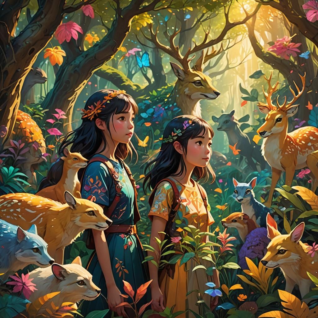 Girl in Whimsical Forest Inspired by Miyazaki