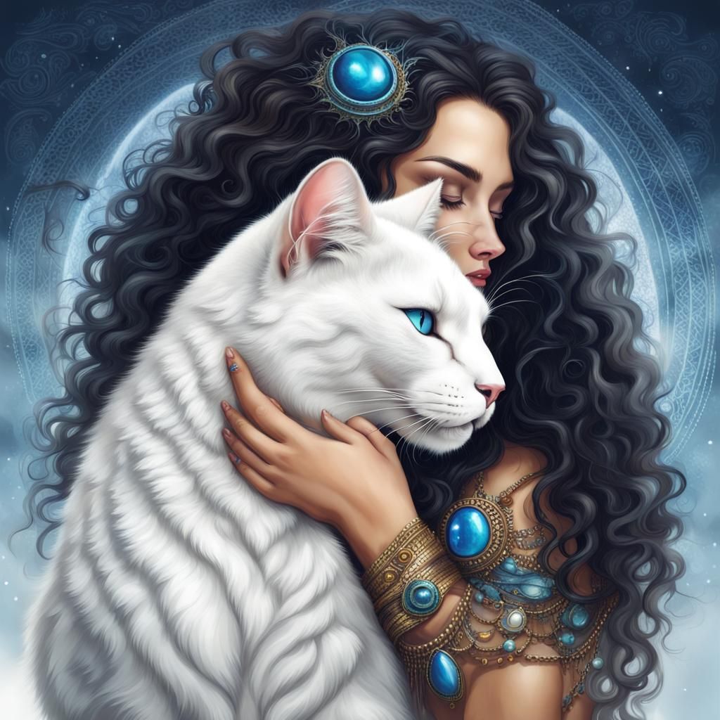 Shaman Cat Woman Kissing White Cat in Dream