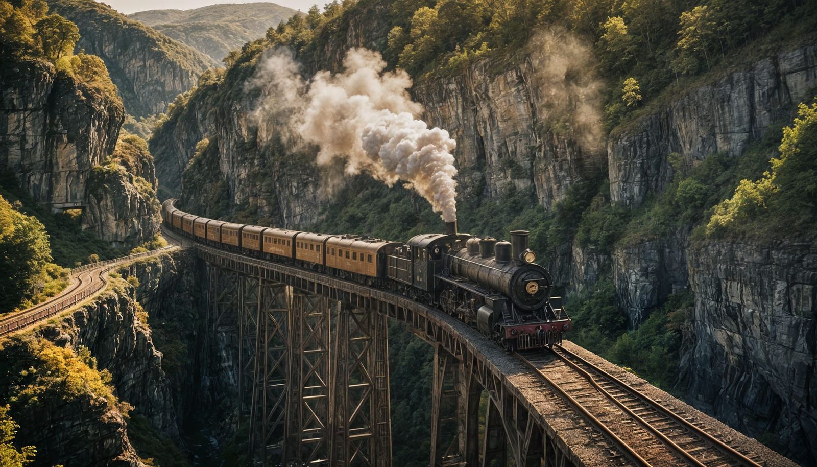 Epic Steam Train Crossing Gorge Bridge in Cinematic Style