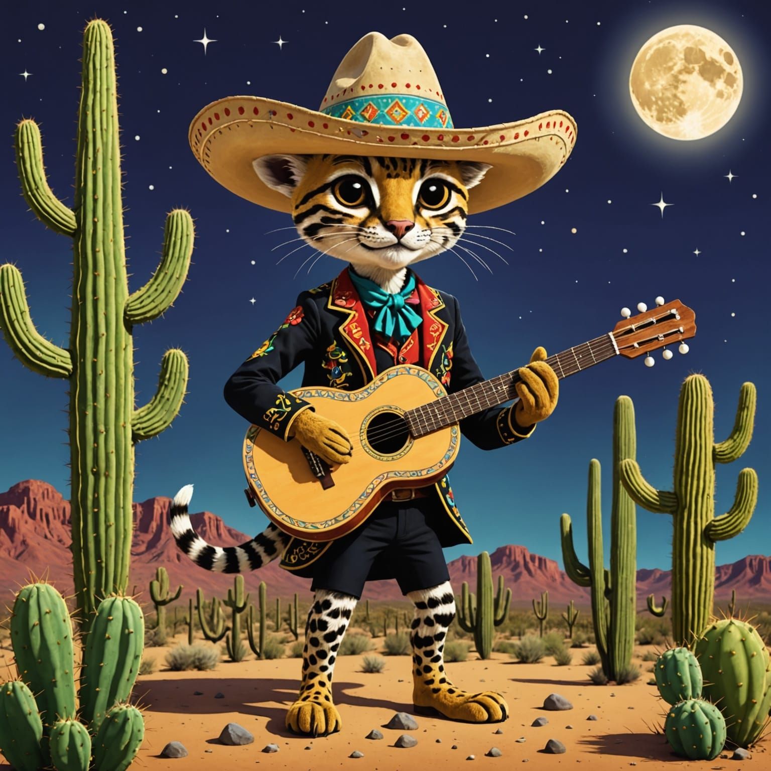Ocelot Serenades Moon with Sombrero and Guitar